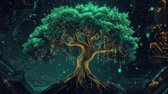 Glowing digital tree, circuit background, nature tech