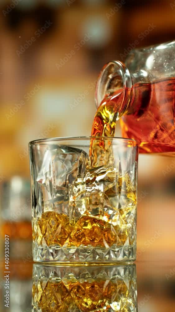 Poster super slow motion of pouring whiskey into glass. filmed on high speed cinema camera, 1000 fps. bar o
