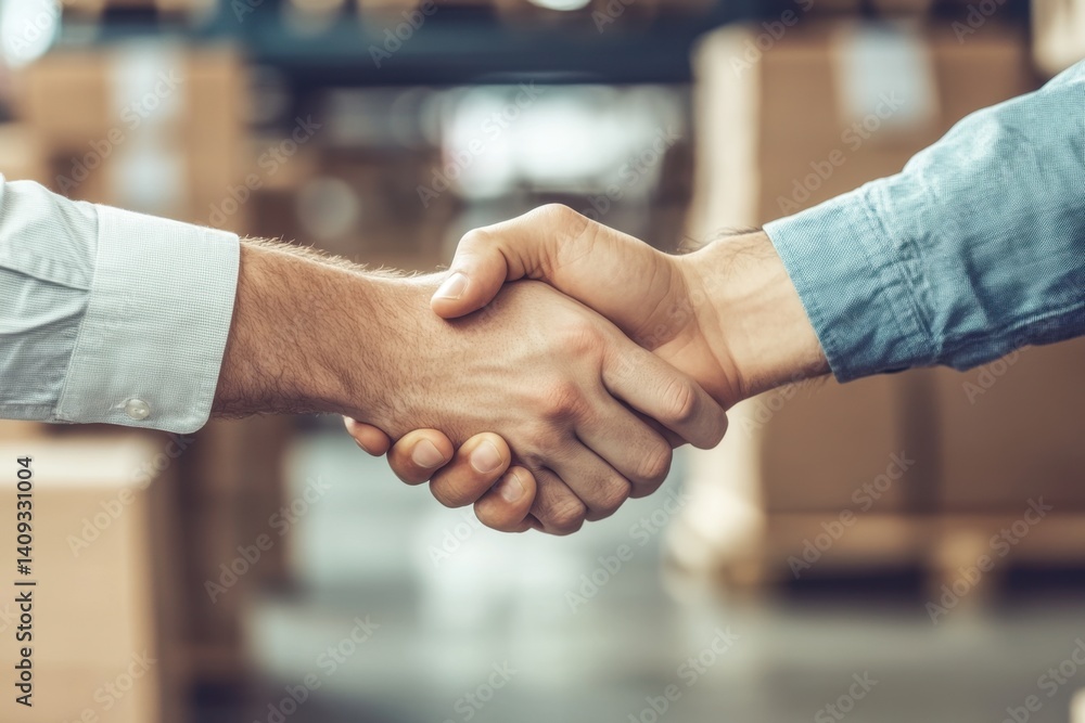 Poster close-up of two hands shaking in a warehouse with boxes in background demonstrating business agreeme