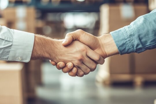 Close-Up of Two Hands Shaking in a Warehouse with Boxes in Background Demonstrating Business Agreement or Partnership in Professional Setting