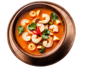 Tom yam kung soup with shrimps and vegetables served on wooden plate. Oriental dish with coconut milk for menu, blog post, culinary and food related concept