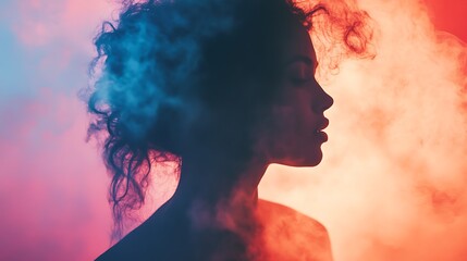 Woman Silhouette In Smoke Against A Colorful Background With Artistic Lighting