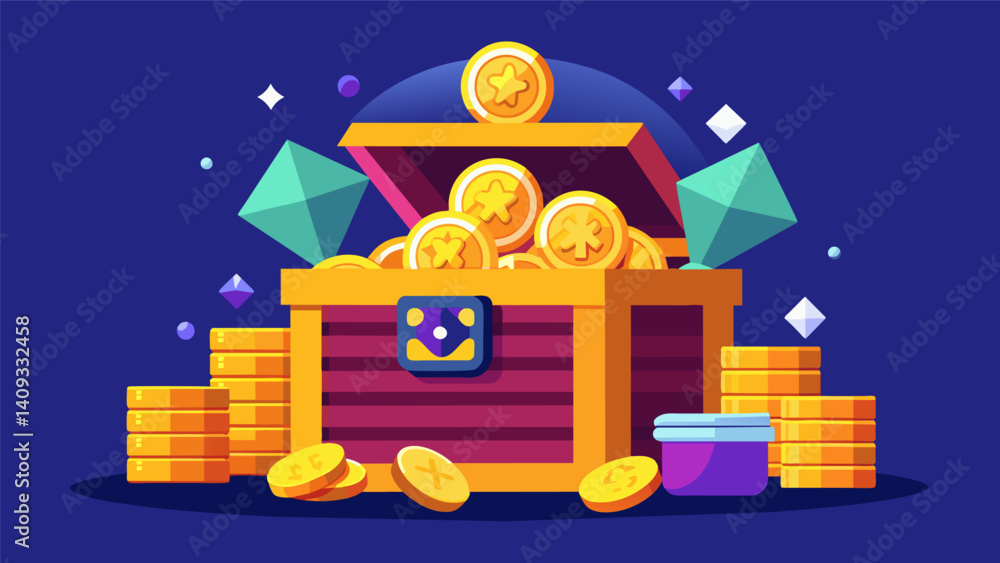 Poster a treasure chest overflowing with countless data coins gems and bars.. vector illustration