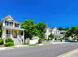 Obraz premium charming houses a tree-lined street on a sunny day