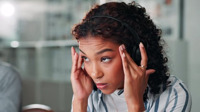 Call center, consultant and headache with business woman for customer service, complaint log or debt counselor. Mental health, credit review and tired with person for contact us and audit error