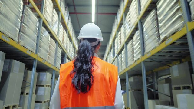 A woman in an orange safety vest and hard hat navigates the aisles of a vast warehouse, symbolizing diligence and safety in logistics.