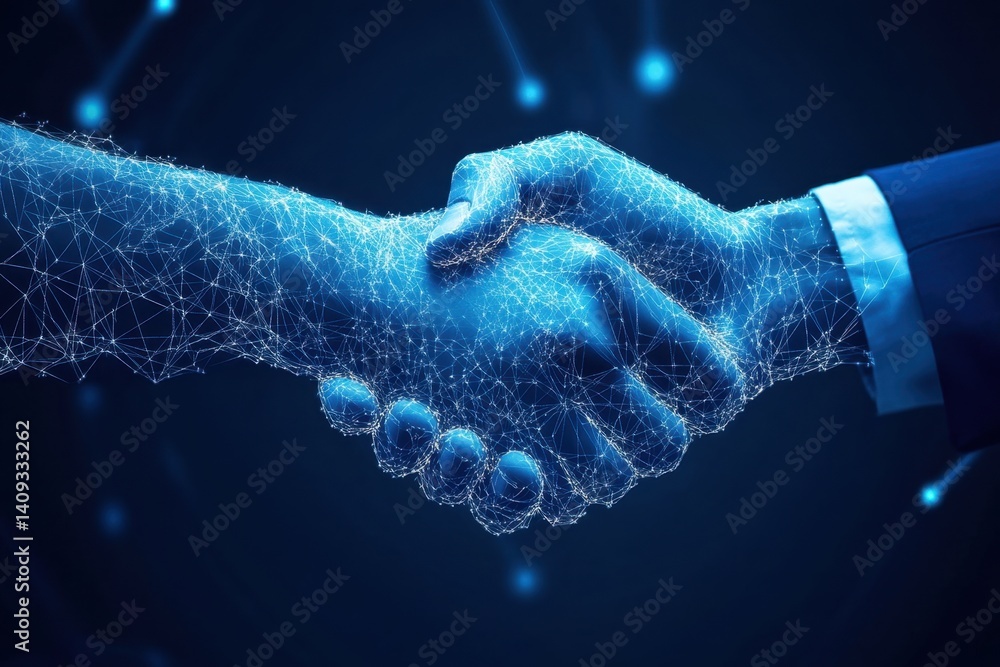 Poster futuristic digital handshake representing business partnership and collaboration in a technology-dri