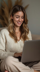 Naklejka premium smiling woman working on laptop at home