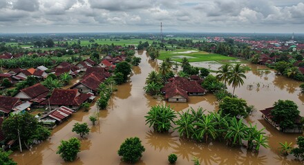 Flood damage rural village aerial view