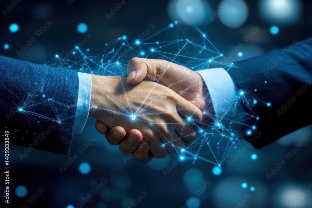Poster hands shaking in a business agreement with digital network overlay representing technology and colla