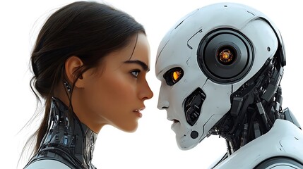 Fototapeta premium Human and robot face-off, a futuristic encounter.