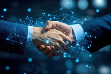Hands Shaking in a Business Agreement with Digital Network Overlay Representing Technology and Collaboration in Modern Work Environment