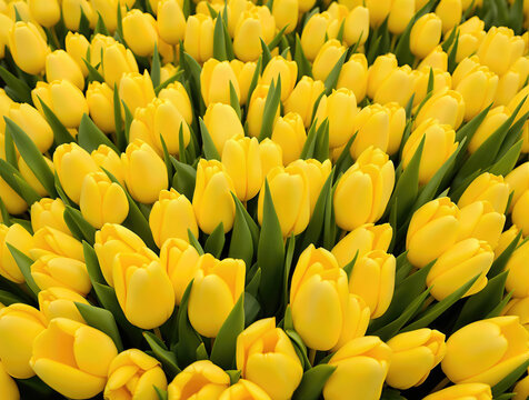 close-up view of numerous bright yellow tulips in full bloom