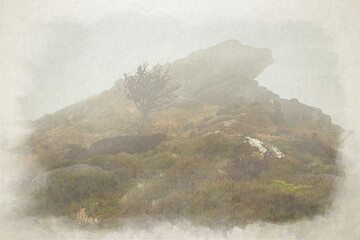 Digital watercolour painting of a misty Gib Torr in the Peak District National Park.
