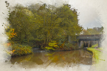 Digital watercolour painting of autumn colours at bridge 24 on the Caldon Canal waterway.