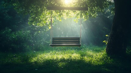 Wooden Swing Hanging from a Tree with Sunlit Green Foliage in a Park