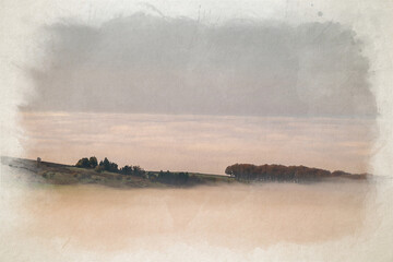 Digital watercolour illustration of a Peak District landscape vignette during a winter sunrise cloud inversion.