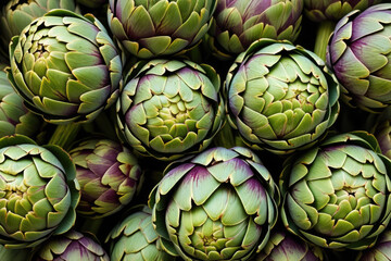 Fototapeta premium Close-up of fresh green and purple artichokes in natural light