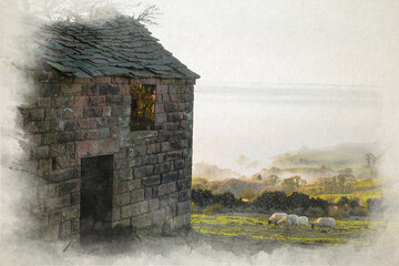 A Peak District rural winter landscape digital watercolour painting of sheep grazing at Roach End, The Roaches, Staffordshire.