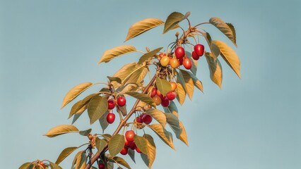 seasonal fruits A branch with colorful leaves and ripe cherries against a blue backdrop.
