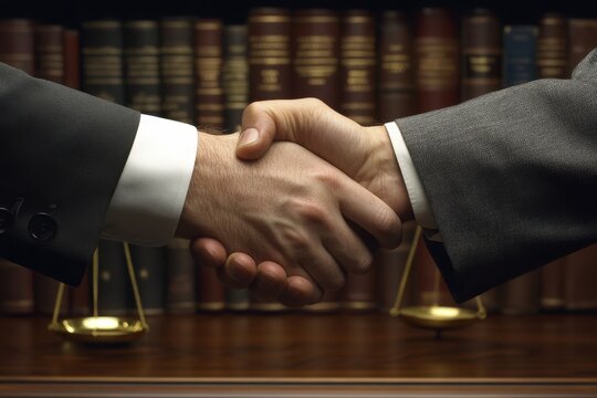 Professional handshake symbolizing partnership and agreement in a legal environment with books and scales in the background promoting unity and trust