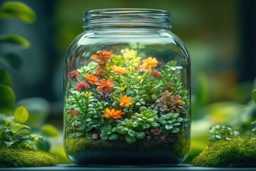 Indoor Plant Terrarium in Glass Jar with Green Leaves and Vibrant Colors for Home Decoration