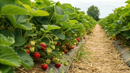 seasonal fruits Strawberry field with lush green leaves and ripe berries ready for harvest.