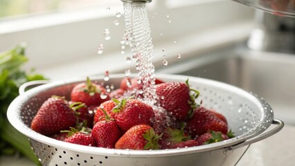 seasonal fruits Fresh strawberries being rinsed in a colander under running water.