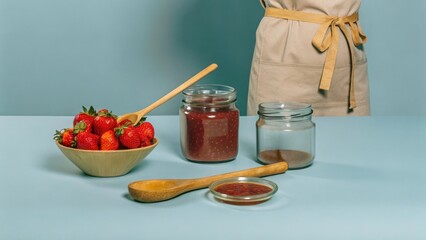 seasonal fruits Fresh strawberries and jars of jam with a wooden spoon on a pastel background.
