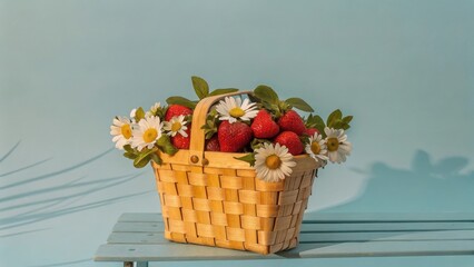 seasonal fruits A woven basket filled with strawberries and daisies against a soft pastel background.