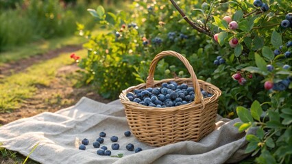 seasonal fruits A basket of freshly picked blueberries rests on a cloth in a lush garden setting.