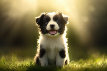Puppy Joy in Golden Light:  A heartwarming image of a black and white border collie puppy, radiating pure joy and happiness, sits in a green meadow bathed in the warm glow of the setting sun. 