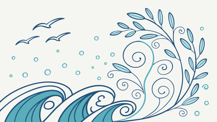 Serene ocean waves design with swirling floral accents and flying birds in soft blue hues