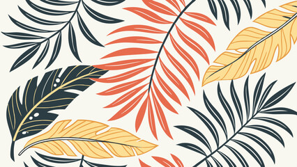 Vibrant tropical leaf pattern design featuring bold colors and stylized palm leaves perfect for