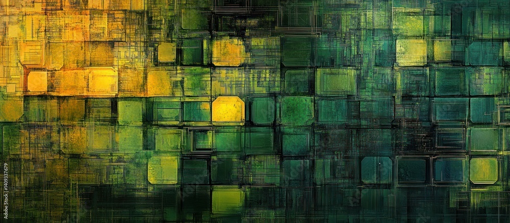 Poster mosaic of verdant and gold geometric forms intertwined in intricate pattern