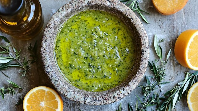 Bright green Mojo sauce in a rustic stone dish with olive oil bottle, herbs, and citrus slices surrounding it