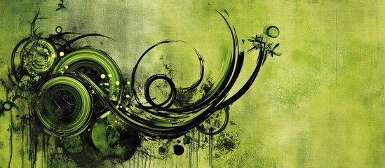 Lime Abstract Background with Black Circular Grunge Accents and Energetic Swirls