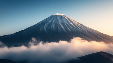 Fototapeta premium An expertly framed moment of breathtaking panorama of dual volcanic formations: extinct stratovolcano & shield volcano amidst mountain range, with dramatic atmospheric phenomena overlooking a summit