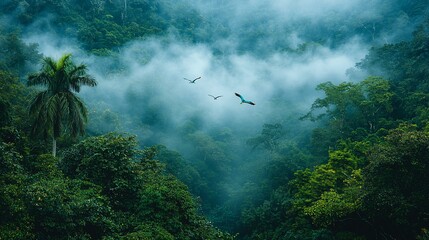 Misty rainforest canopy with birds. Lush green jungle foliage, shrouded in mist