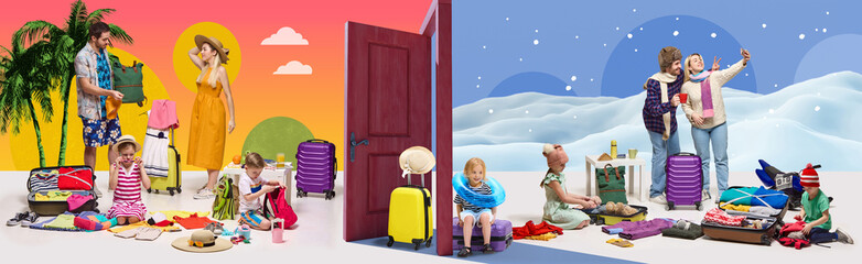 Split scene of happy family packing for summer beach trip and winter adventures, showing suitcases,...