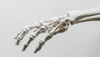 Articulated human hand skeleton exhibiting anatomical bone structure and texture