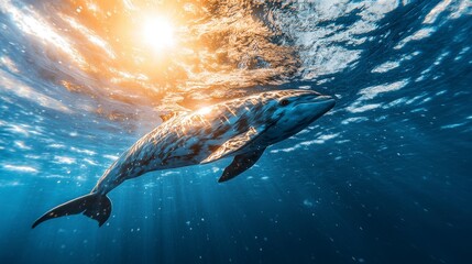 Underwater view of an orca in the ocean with sunlight shining through the water surface, high-resolution, high-detail cinematic photography style, natural lighting, soft shadows, and clean sharp focus