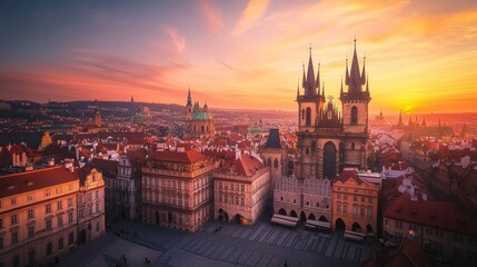 Obraz premium Sunset illuminates historic Prague with its iconic architecture over a vibrant sky