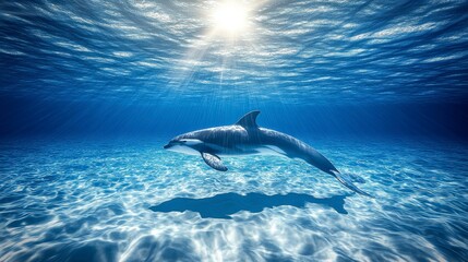 Hyper-realistic underwater rendering of an orca in the ocean, sunlight piercing the water surface, cinematic style with high detail, natural lighting, and low contrast.
