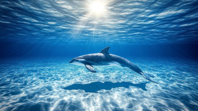 Hyper-realistic underwater rendering of an orca in the ocean, sunlight piercing the water surface, cinematic style with high detail, natural lighting, and low contrast.