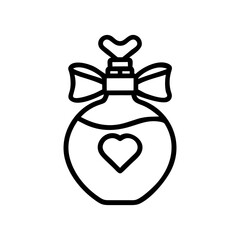 Line art perfume bottle icon with a ribbon and heart design