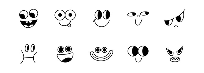 Vector cartoon faces, abstract design mascots - y2k stickers and badges, happy, angry expressions, sticker and icons with different face expressions