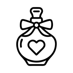 Line art perfume bottle icon with a ribbon and heart design