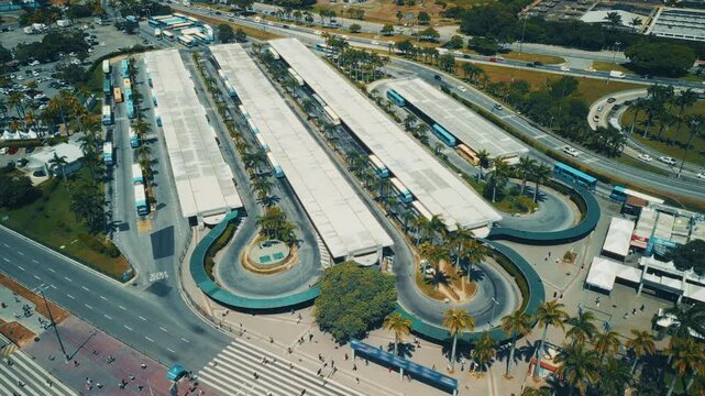 Bus terminal in the city of Florianopolis in Brazil. Aerial timelapse of the busy bus station
