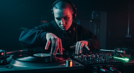 Focused dj woman playing vinyl record in neon lights